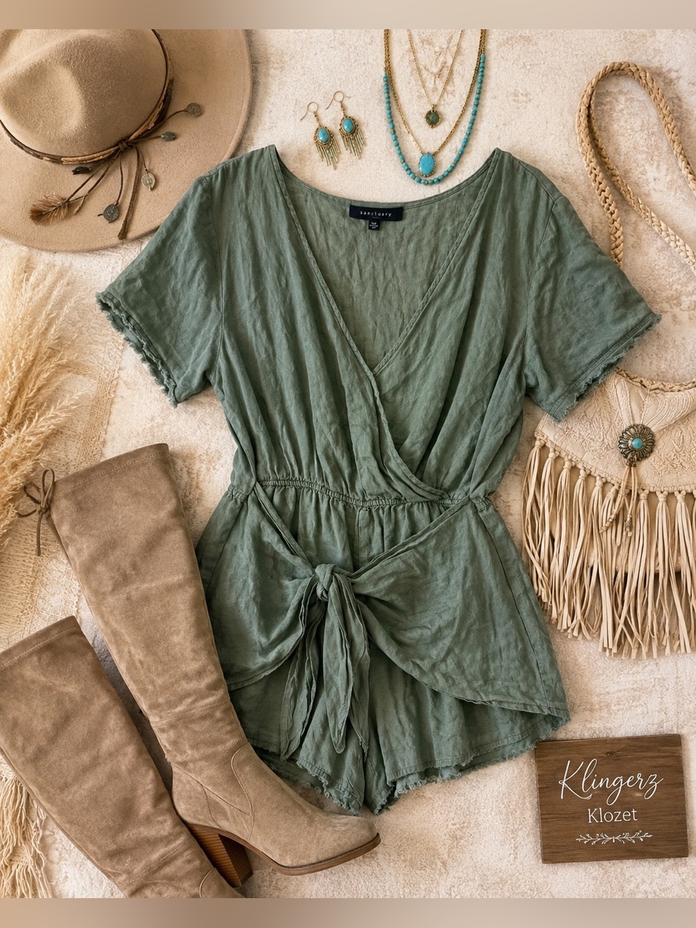 Sanctuary 100% Linen Sage Green Wrap Romper – Size Medium